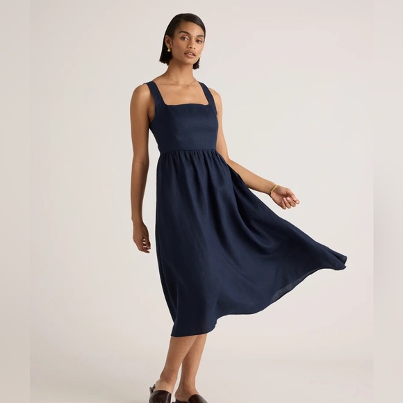 NWT! Quince | 100% European Linen Fit & Flare Midi Dress | Navy | S - Picture 1 of 9